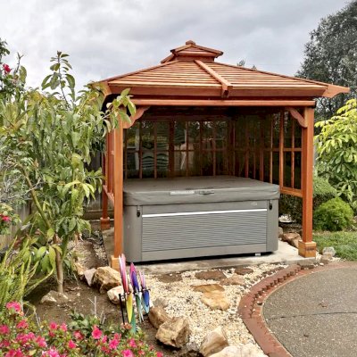 Hot Tub Enclosure Kits / Hot Tub Pavilion (Options: 9' x 9', California Redwood, Without Skylight, Sliding Windows on 3 Sides, 32" H Windows Clearance, 1 Curtain Rod, 4-Post Anchor Kit for Concrete, Transparent Premium Sealant). Photo Courtesy of A. Lin of Sunnyvale, California.